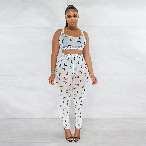 Sexy printed suspender top and see-through slim pencil pants two-piece set for women