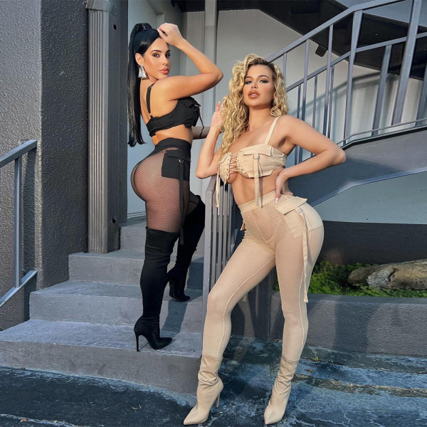 Two-piece set of strapless strapless top and see-through slim pencil pants