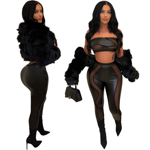 Fashionable sexy wrap top + tight see-through pants two-piece suit is thin