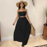 Women's solid color fashion wide leg wrap chest casual two-piece suit