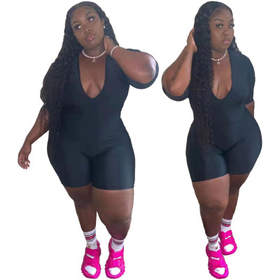 Deep V Neck Solid Color High Waist Tight Zip Large Size Fashion Jumpsuit