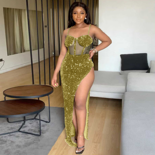 Sexy Women's Solid Color Jacquard Bronzing Sequins + Mesh Sand Pack Hip Dress Skirt