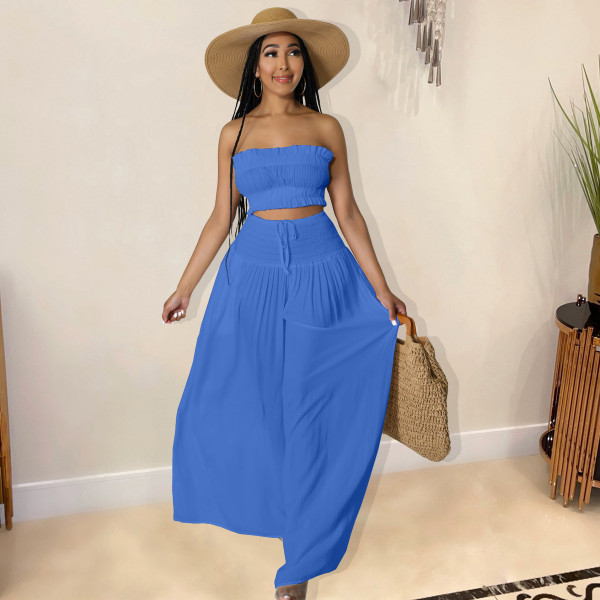 Women's solid color fashion wide leg wrap chest casual two-piece suit
