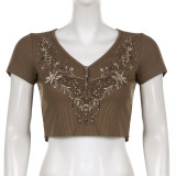 Distressed Retro Butterfly Print T-Shirt Short Tight V-Neck Top Bottoming Shirt Women