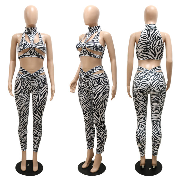 Fashionable sexy hollow halter short top and slim pencil pants leopard print two-piece set