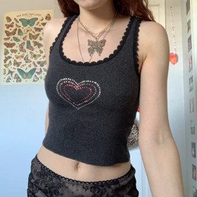 Fashion love hot drill vest personality hot girl sports short navel pullover top women