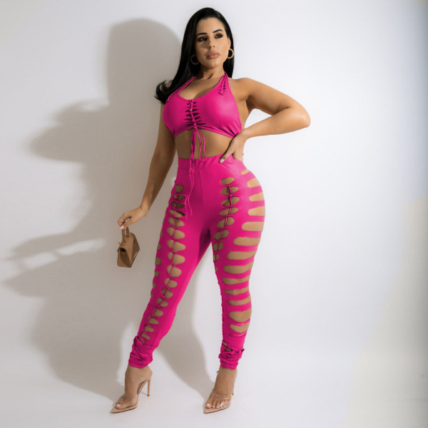 Fashion sexy wrap chest hollow solid color personality nightclub hot tight suit