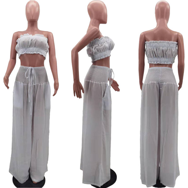 Women's solid color fashion wide leg wrap chest casual two-piece suit