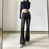 Ladies Hot Girl Metal Belt Butterfly Embroidery Personality Raw Edge High Waist Slim Jeans