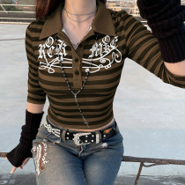 Net red hipster striped print mid-sleeve top Slim short V-neck T-shirt