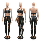Fashion sexy wrap chest hollow solid color personality nightclub hot tight suit