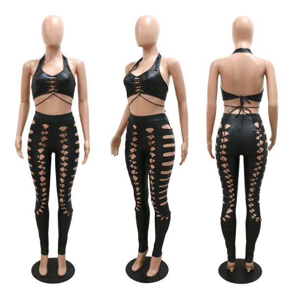 Fashion sexy wrap chest hollow solid color personality nightclub hot tight suit