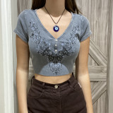 Distressed Retro Butterfly Print T-Shirt Short Tight V-Neck Top Bottoming Shirt Women