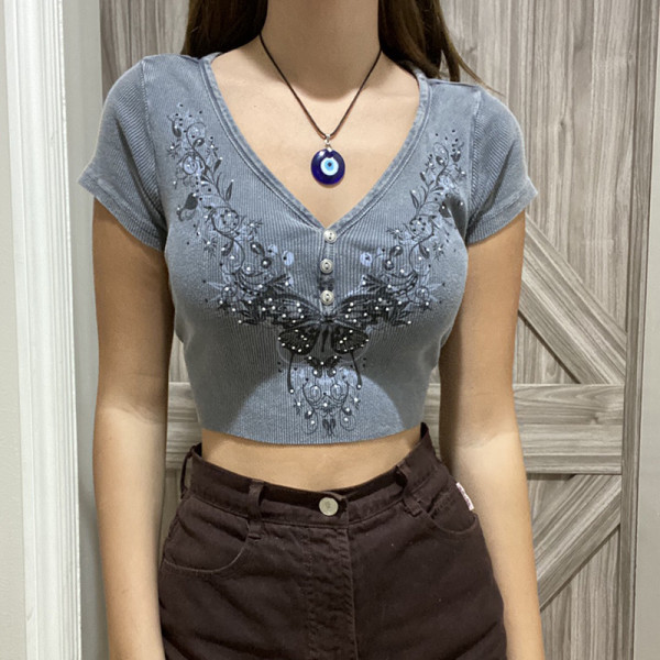 Distressed Retro Butterfly Print T-Shirt Short Tight V-Neck Top Bottoming Shirt Women