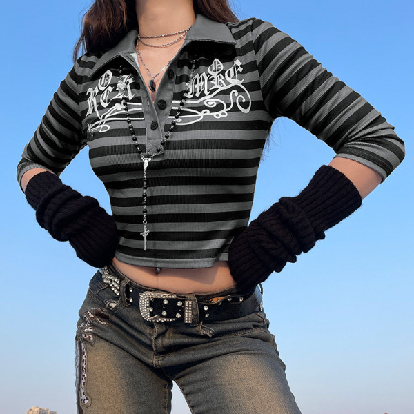 Net red hipster striped print mid-sleeve top Slim short V-neck T-shirt