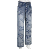 Fashion Personality Letter Patch Straight Jeans Street Hot Girl Loose Straight Casual Pants