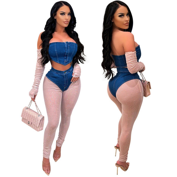 Fashionable and sexy one-shoulder tight-fitting long-sleeved top + pants suit to show your figure