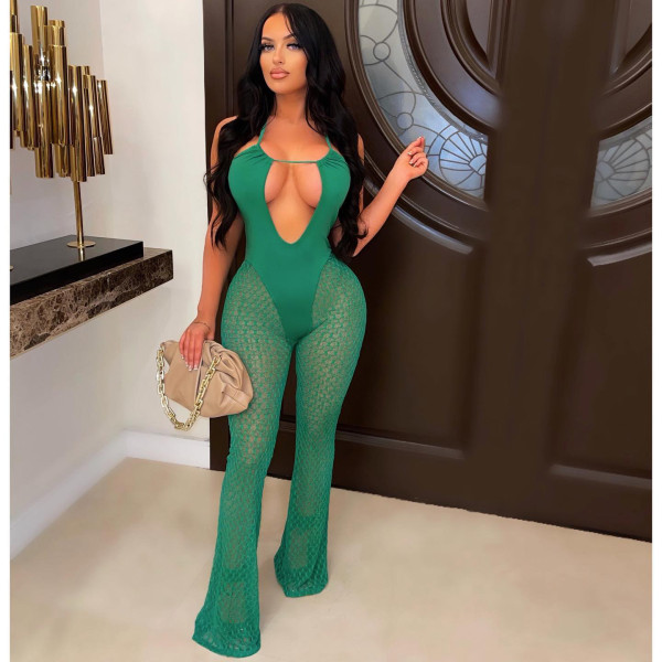 Nightclub halter neck see-through mesh sexy jumpsuit