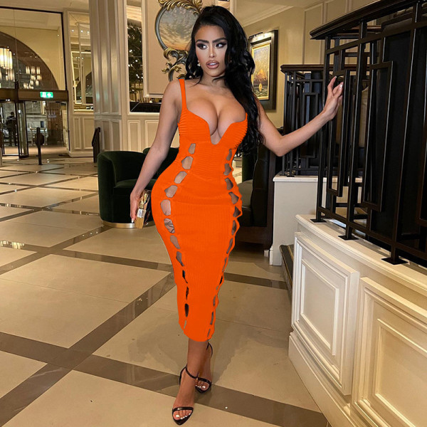 Solid color thread cutout nightclub sexy dress