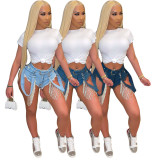 Sexy Rhinestone Flow Comb Shorts Jeans