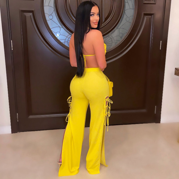 Fashion sexy wrap chest strap flared pants suit