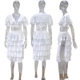 Large size solid color low-cut puff sleeve top two-piece cake tutu skirt suit
