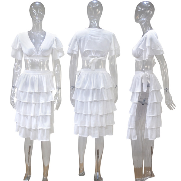 Large size solid color low-cut puff sleeve top two-piece cake tutu skirt suit