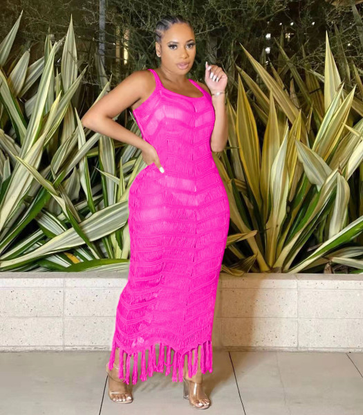 Women's Solid Color Sleeveless Jacquard Knit Fringe Beach Dress