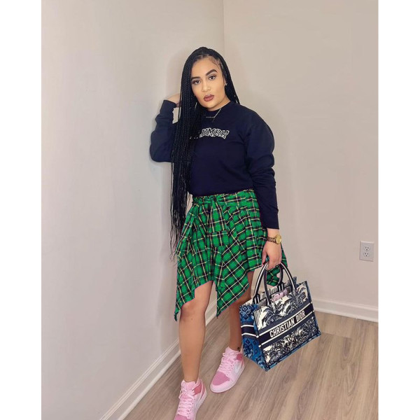 Nightclub Fashion Irregular Plaid Tie-Sleeve Fake Shirt Skirt