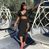 Large size solid color low-cut puff sleeve top two-piece cake tutu skirt suit