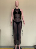 Fashion swimwear solid color split bikini mesh bandage three-piece set