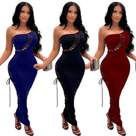 One-shoulder burnt flower lace-up dress One-step dress