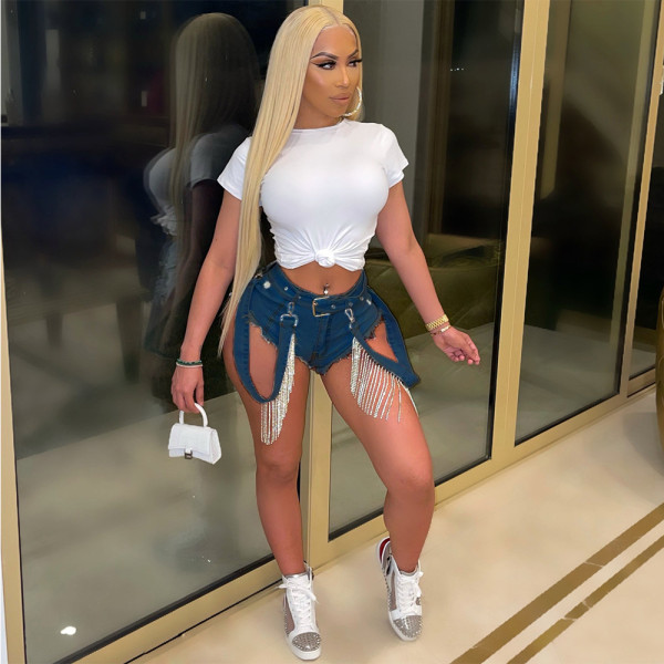 Sexy Rhinestone Flow Comb Shorts Jeans