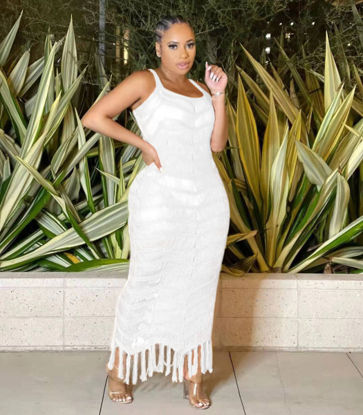 Women's Solid Color Sleeveless Jacquard Knit Fringe Beach Dress