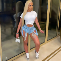 Sexy Rhinestone Flow Comb Shorts Jeans