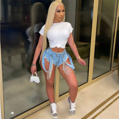 Sexy Rhinestone Flow Comb Shorts Jeans