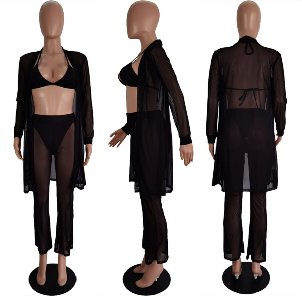 Women's Spring/Summer Fashion Fashion Sexy Mesh Perspective Suit Four-piece Set