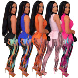 Nightclub Fashion Banding Hollow Vest Slit Print Pants Set