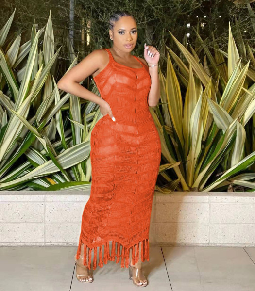 Women's Solid Color Sleeveless Jacquard Knit Fringe Beach Dress