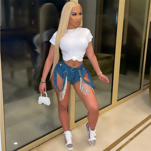 Sexy Rhinestone Flow Comb Shorts Jeans