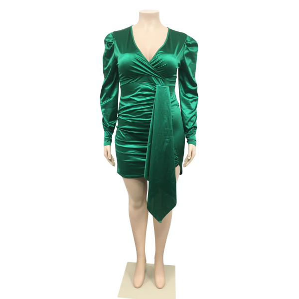 Fashion Solid Color Plus Size Women's Deep V Long Sleeve Front Hem Mid Skirt Dress Women