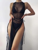 Fashion swimwear solid color split bikini mesh bandage three-piece set