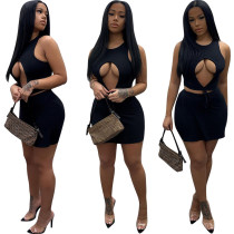 Black culottes suit hollow vest solid color two-piece suit Black culottes suit hollow vest solid color two-piece suit