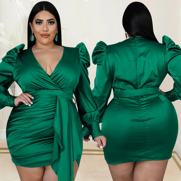 Fashion Solid Color Plus Size Women's Deep V Long Sleeve Front Hem Mid Skirt Dress Women