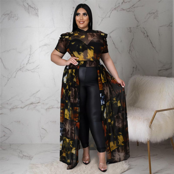 Nightclub Clothes Pile Sleeves Mesh Hollow Dress Top
