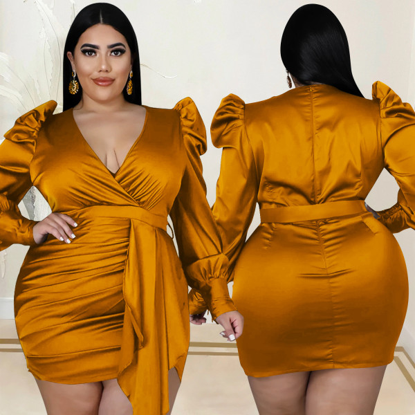 Fashion Solid Color Plus Size Women's Deep V Long Sleeve Front Hem Mid Skirt Dress Women