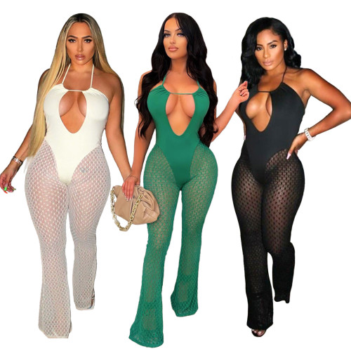 Nightclub halter neck see-through mesh sexy jumpsuit