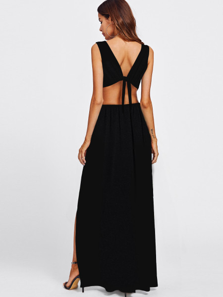 Sexy split open back strap deep V one-piece nightclub dress
