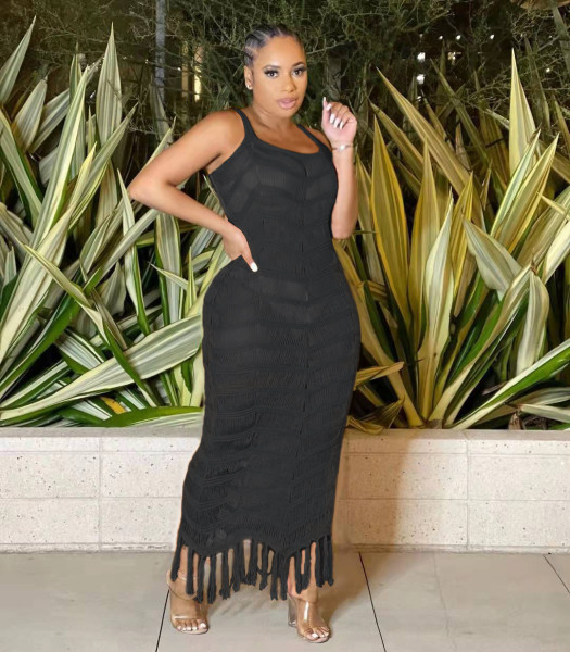 Women's Solid Color Sleeveless Jacquard Knit Fringe Beach Dress