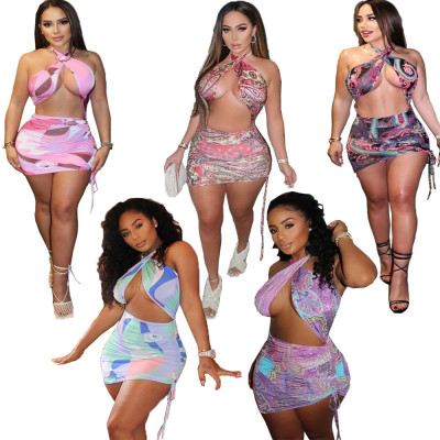 Sexy print drawstring lace-up dress, available in multiple colors